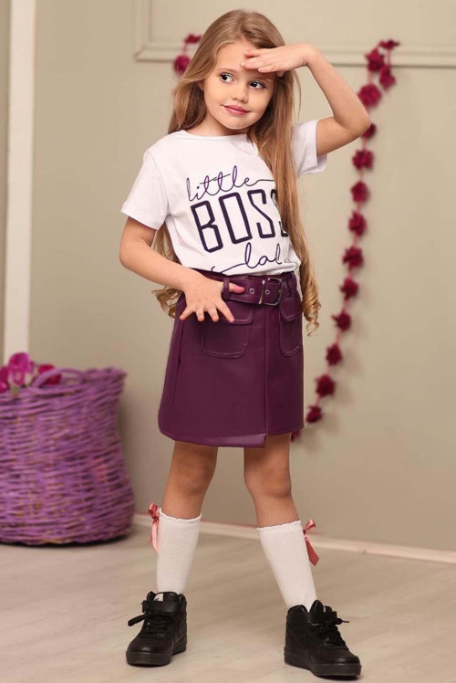 Kız Çocuk Little Boss Yazı Baskılı T-Shirt Cep Detaylı Kemerli Bordo Deri Etekli Takım