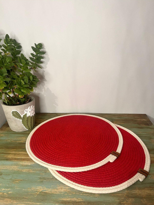 Supla,Amerikan Servis , Runner, El Yapımı, Jüt, Mutfak, 2 Adet 37 Cm Doğal Kırmızı Krem Çerçeve