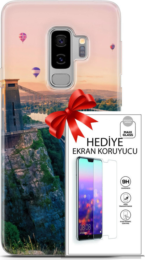 Samsung Galaxy S9 Plus Kılıf Orijinal Seri Fantasy 07 Köprü Balonlar Desenli Kılıf + Ön Ekran Koruyucu