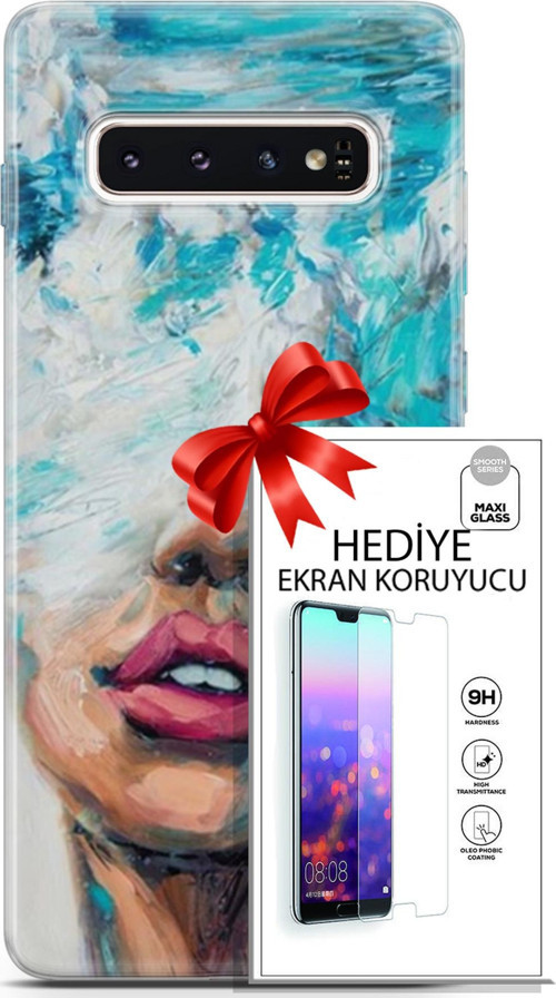 Samsung Galaxy S10 Kılıf Orijinal Seri Soul 12 Beyaz Mavi Tasarım Kılıf + Ekran Koruyucu