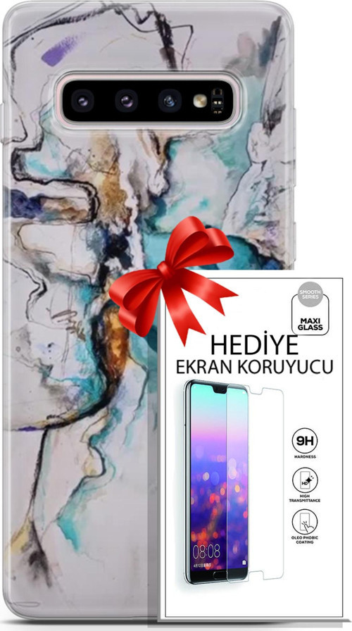 Samsung Galaxy S10 Plus Kılıf Orijinal Seri Soul 11 Turkuaz 4K Baskılı Kılıf + Ekran Koruyucu Full Koruma