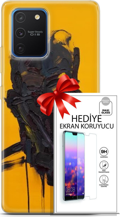 Samsung Galaxy S10 Lite Kılıf Orijinal Seri Soul 07 Sarı Siyah Desenli Kılıf + Ön Ekran Koruyucu