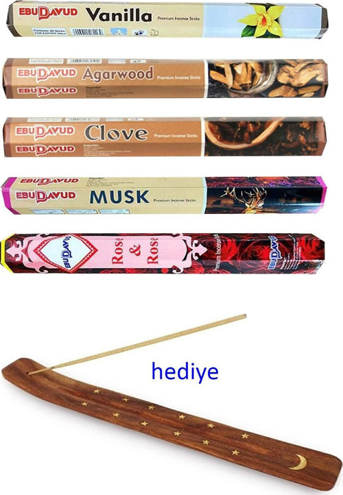5 Paket 20 Çubuklu Tütsü Vanilla - Musk - Clove - Wood - Redrose - Kayık Hediyeli