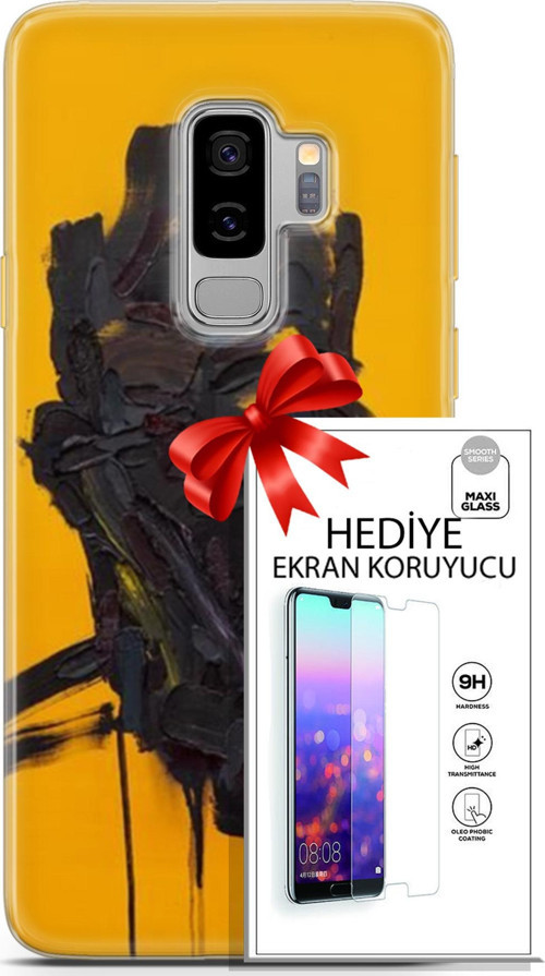 Samsung Galaxy S9 Plus Kılıf Orijinal Seri Soul 07 Sarı Siyah Desenli Kılıf + Ön Ekran Koruyucu