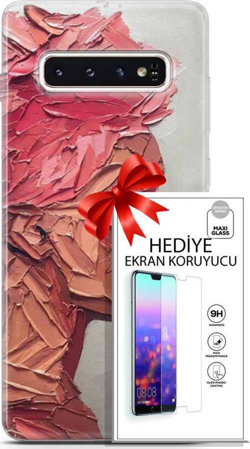Samsung Galaxy S10 Kılıf Orijinal Seri Soul 08 Pembe Baskılı Kılıf + Ekran Koruyucu