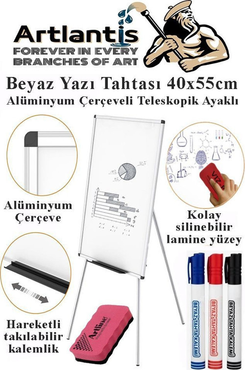 Ayaklı Beyaz Yazı Tahtası 40x55 cm Teleskobik Ayaklı 1 Adet Alüminyum Kolay Silinebilir Ergomik Beyaz Yazı Tahtası