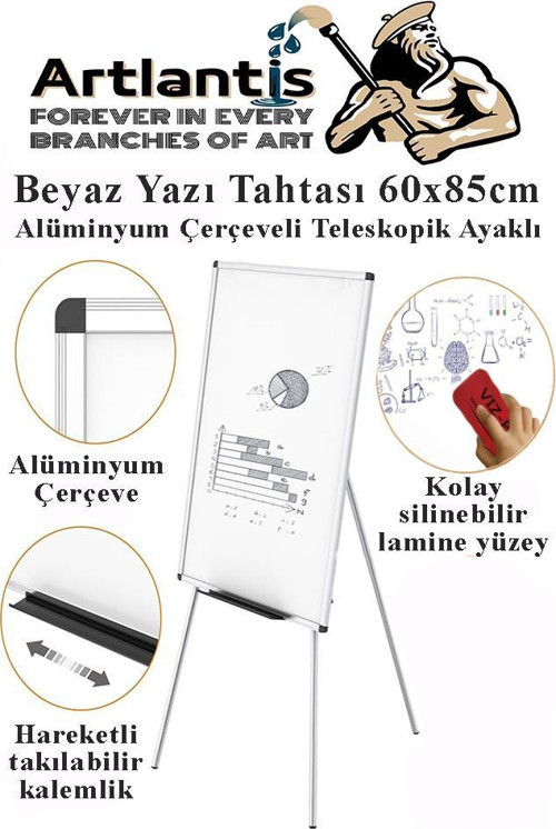 Ayaklı Yazı Tahtası Beyaz 60x85 cm Teleskobik Ayaklı 1 Adet Alüminyum Kolay Silinebilir Ergomik Beyaz Yazı Tahtası