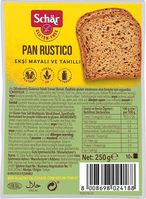 Rustico Glutensiz Lifli Ekmek 250 Gr (8 Adet)