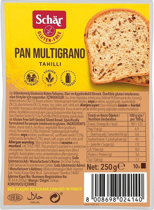 Pan Multigrano Glutensiz Ketenli Ayçekirdekli Ekmek 250 Gr (8 Adet)