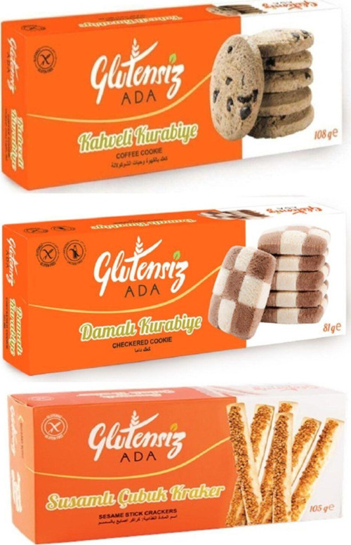 Glutensiz Atıştırmalık 3’Lü Set, Damalı-Kahveli Kurabiye, Susamlı Çubuk Kraker