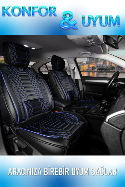 Fiat Doblo 2015-2022 2+1 Parçalı Lüx Deri Oto Koltuk Kılıfı Ön Arka Takım Royal SİYAH MAVİ