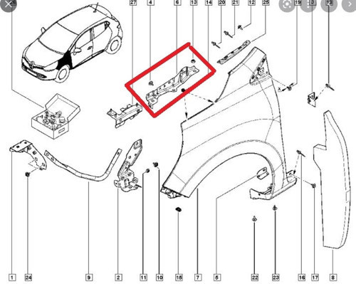 Renault Clıo- 4- Hb- 13/16; Ön Çamurluk Bağlantı Suportu Sol (Orta Kısım) (Sac) (Eagle Body) (Oem No