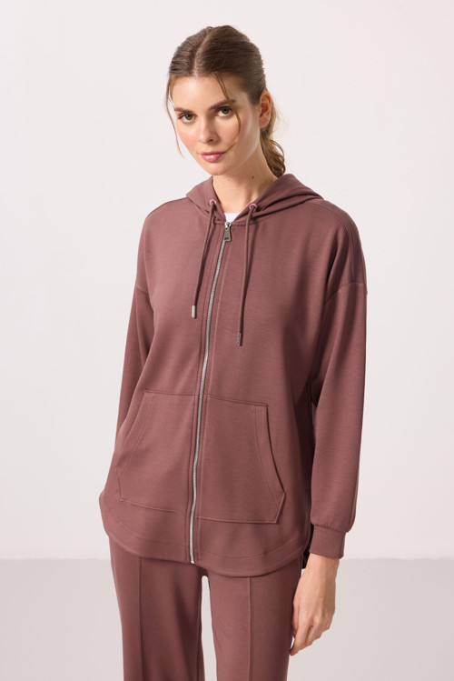 Kahverengi Yumuşak Dokulu Kapüşonlu Oversize Kadın Tunik Sweatshirt - 97302