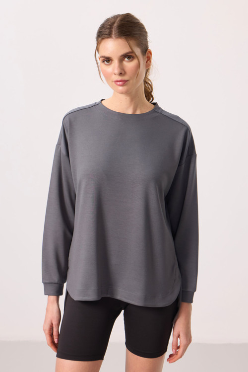Koyu Gri Yumuşak Dokulu O Yaka Rahat Form Kadın Tunik Sweatshirt - 97305