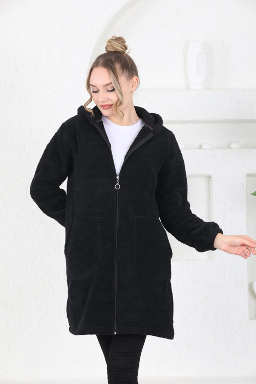 Fermuarlı Kapüşonlu Uzun Peluş Mont Polar Hırka Siyah Büyük Beden