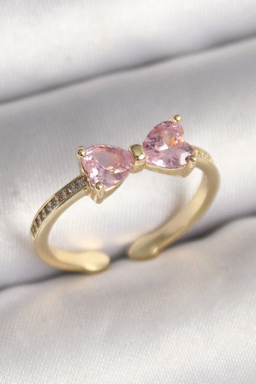 Pirinç Gold Renk Pembe Zirkon Taşlı Kalp Fiyonk Model Kadın Yüzük - TJ-BYK3641