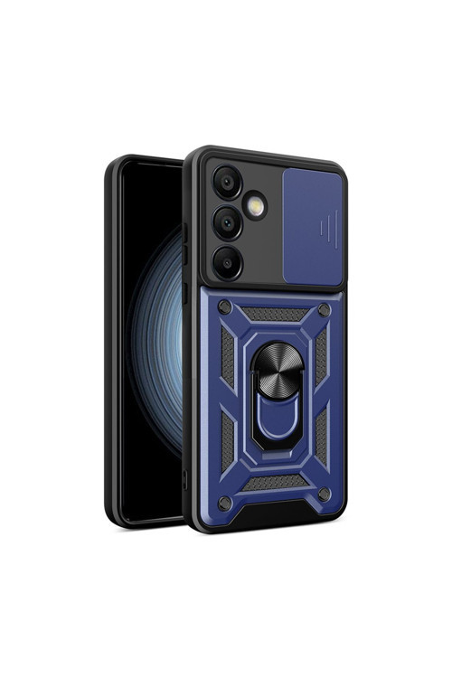Galaxy S24 Fe Uyumlu Magnetik Standlı Kamera Korumalı Zore Sürgülü Vega Kapak-Mavi