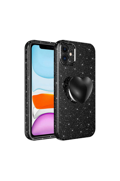 İphone 11 Uyumlu Kamera Korumalı Simli Pop Soketli Lüks Zore Koton Soketli Kılıf-Siyah