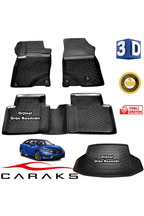 Honda Civic Sedan 3D Paspas + 3D Bagaj Havuzu 2016 - 2020 Arası Siyah - Set