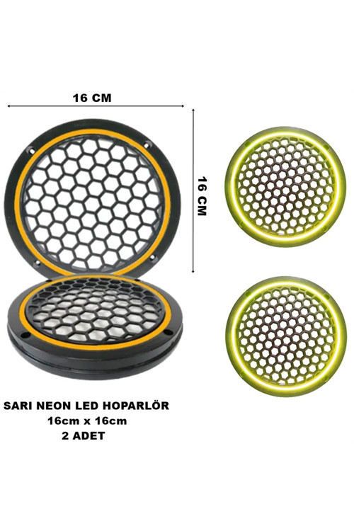 16X16 Cm Neon Led Işıklı Midrange Hoparlör Kapağı Yuvarlak Çiftli (2 Adet) Sarı Renk