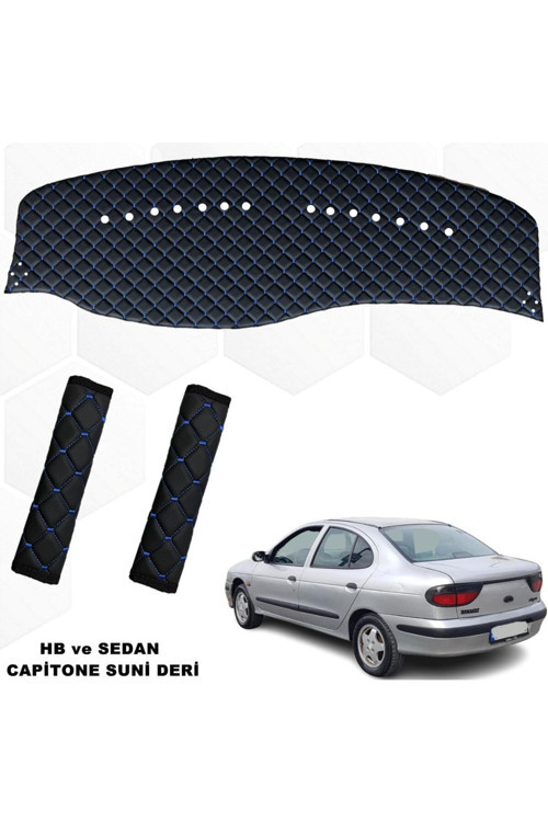 Megane 1 Uyumlu Göğüs Halısı + Kemer Konforu Hb-Sedan Siyah-Mavi