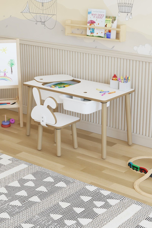 Montessori Çocuk Masası-Oyun Masası-Aktivite Masası-Etkinlik Masası Takımı 1 Tavşan Sandalye