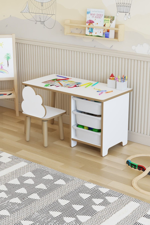 Çocuk Masa Sandalye Takımı-3 Sepetli Çocuk Çalışma Masası Aktivite Masası Yaz-Sil Bulut Sandalye