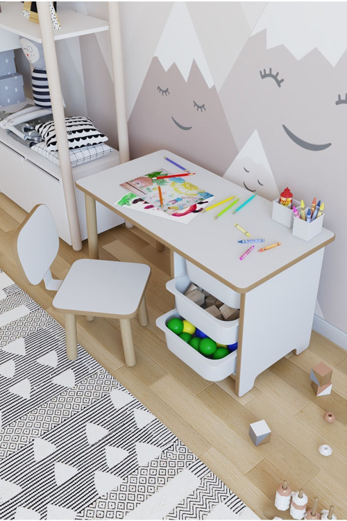 Çocuk Masa Sandalye Takımı 90X45 Cm 3 Sepetli Çocuk Çalışma Masası Aktivite Masası Yaz-Sil