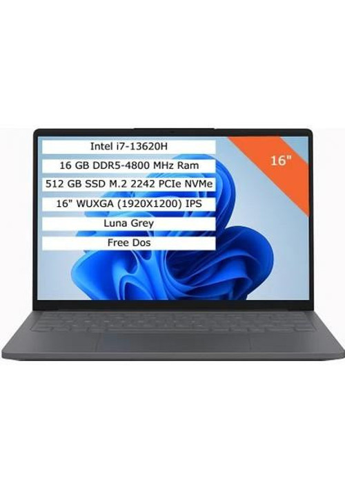 Ideapad Slim 3 Intel Core i7 13620H 16gb 512GB SSD 16" Wuxga (1920X1200) IPS Panel Freedos Taşınabilir Bilgisayar 83K2001WTR