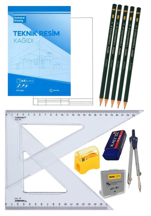 Teknik Resim Seti 12 Parça 1 Paket Teknik Resim Defteri Gönye Dereceli Kalem Metal Pergel Silgi Kalemtraş Hamur Silgi