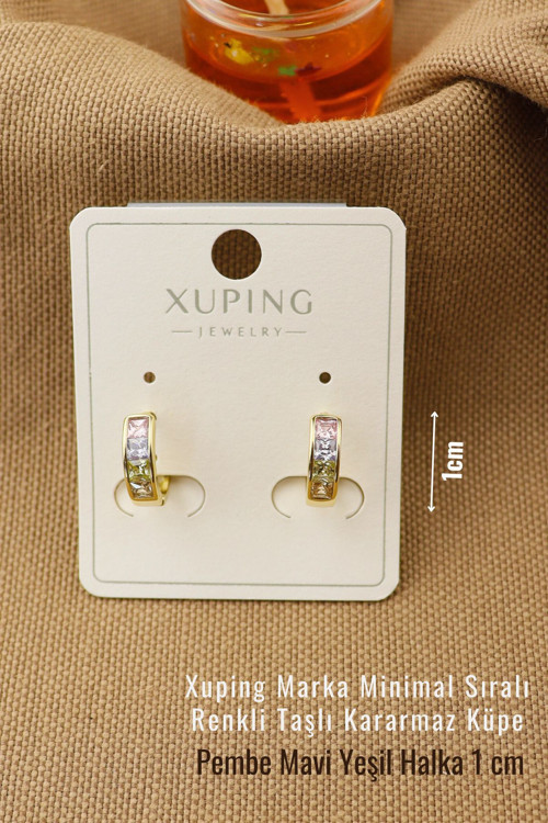 Xuping Küpe - Xuping Gold Kararmaz Minimal Renkli Zirkon Taşlı Halka Küpe - 1Cm -Yeni Sezon