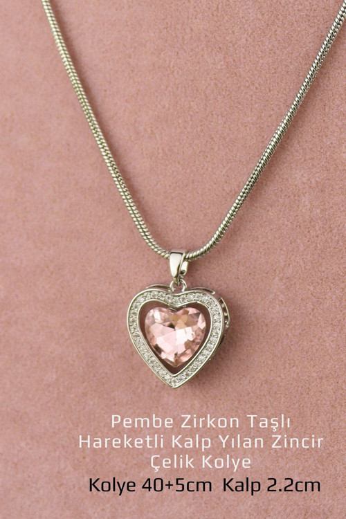 Çelik Kolye - Zirkon Taşlı Sallanan Pembe Kalp Yılan Zincir Kararmaz Solmaz Çelik Kolye 40+5Cm Gl001