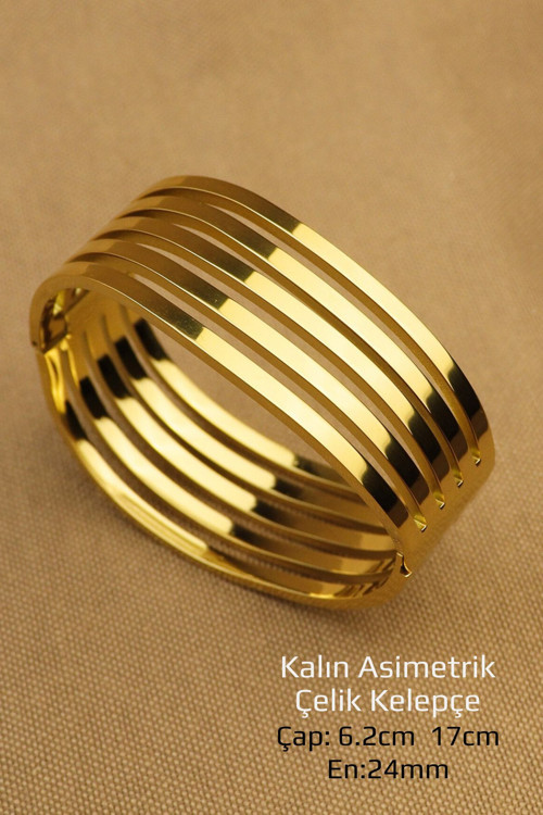 Çelik Bileklik - Kararmaz Kalın Sıralı Asimetrik 316L Çelik Trend Kelepçe Bileklik En: 24Mm