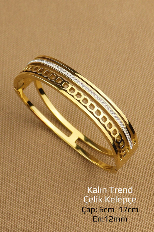 Çelik Bileklik - Kararmaz Kalın Sıralı Zirkon Taşlı 316L Çelik Trend Kelepçe Bileklik En: 12 Mm