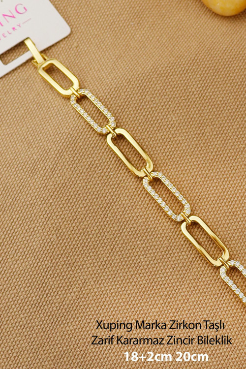 Xuping Bileklik - Vip Xuping Zirkon Taşlı Halka Model Gold Karamaz Zincir Bileklik 17+2Cm