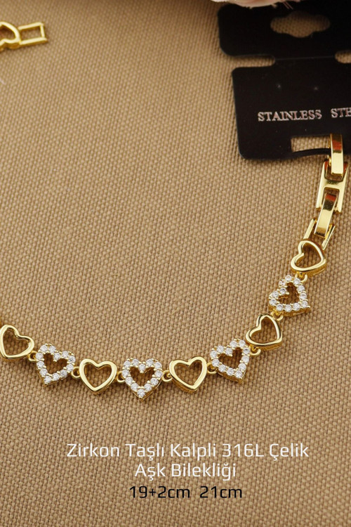 Vip Seri Bileklik - Vip Zirkon Taşlı Kalpli Şık Bileklik Gold 316L Çelik 19 2Cm En:7Mm Yeni Sezon