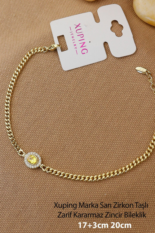 Xuping Bileklik - Vip Xuping Sarı Zirkon Taşlı Dost Bilekliği Gold Karamaz Zincir Bileklik 17+3Cm