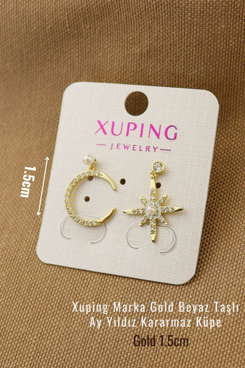 Xuping Küpe - Xuping Gold Ay Yıldız İncili Zirkon Taşlı Kararmaz Küpe 1.5Cm -Yeni Sezon