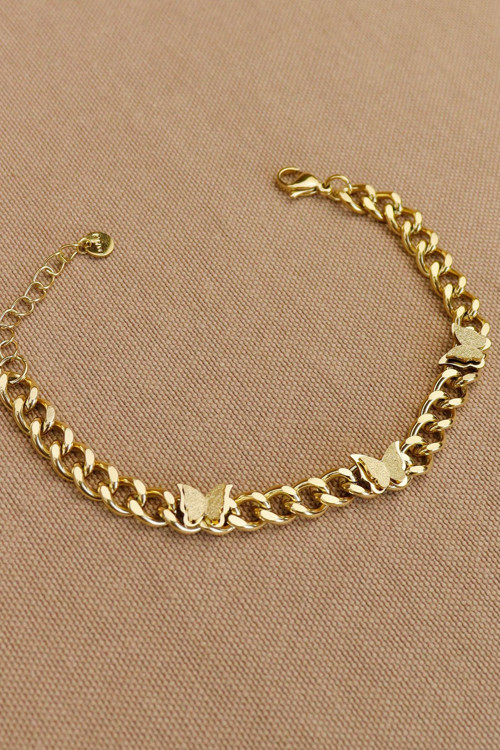 Kelebekli Çelik Bileklik - Simli Kelebekli Trend Zincir Gold 17 3Cm Çelik Bileklik