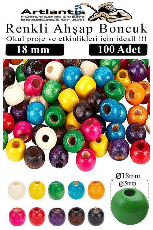 Renkli Ahşap Boncuk 18mm 100 lü 1 Paket Renkli Ahşap Boyalı Yuvarlak Doğal Boncuklar Saç Takı Tasarım Ektinlik Kreş Okul