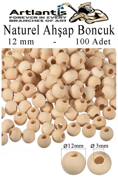 Naturel Ahşap Boncuk 12mm 100 lü 1 Paket Ham Boyanabilir Ahşap Yuvarlak Doğal Boncuklar Takı Tasarım Ektinlik Kreş Okul