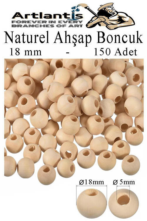 Naturel Ahşap Boncuk 18mm 150 lü 1 Paket Ham Boyanabilir Ahşap Yuvarlak Doğal Boncuklar Takı Tasarım Ektinlik Kreş Okul