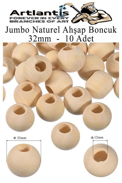 Naturel Ahşap Boncuk 32mm 10 lu 1 Paket Ham Boyanabilir Ahşap Yuvarlak Doğal Boncuklar Takı Tasarım Ektinlik Kreş Okul