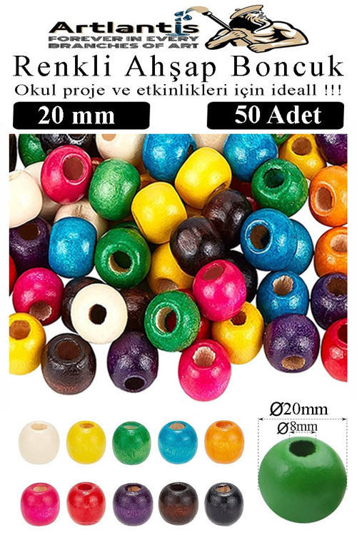 Renkli Ahşap Boncuk 20mm 50 li 1 Paket Renkli Ahşap Boyalı Yuvarlak Doğal Boncuklar Saç Takı Tasarım Ektinlik Kreş Okul