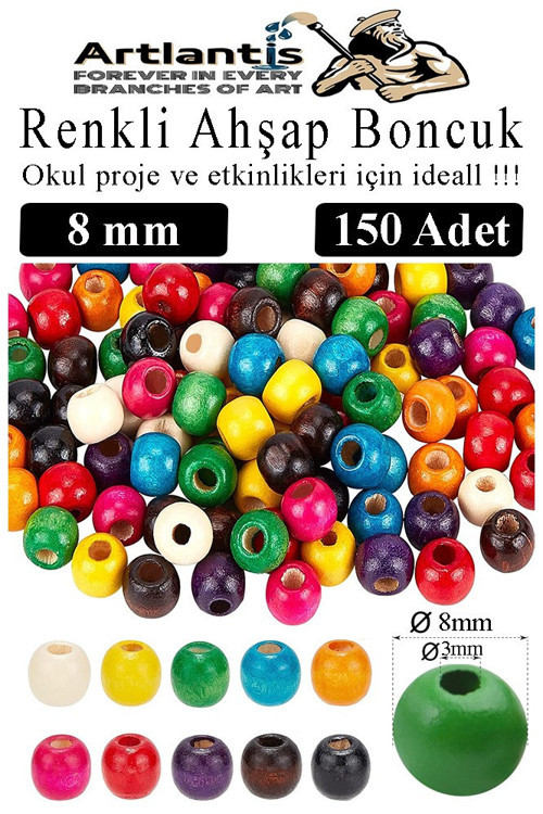 Renkli Ahşap Boncuk 8mm 150 li 1 Paket Renkli Ahşap Boyalı Yuvarlak Doğal Boncuklar Saç Takı Tasarım Ektinlik Kreş Okul