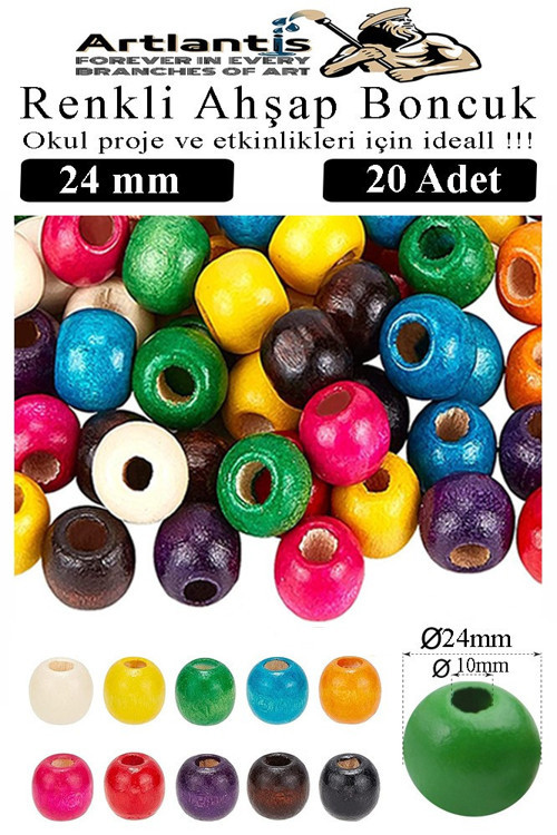 Renkli Ahşap Boncuk 24mm 20 li 1 Paket Renkli Ahşap Boyalı Yuvarlak Doğal Boncuklar Saç Takı Tasarım Ektinlik Kreş Okul