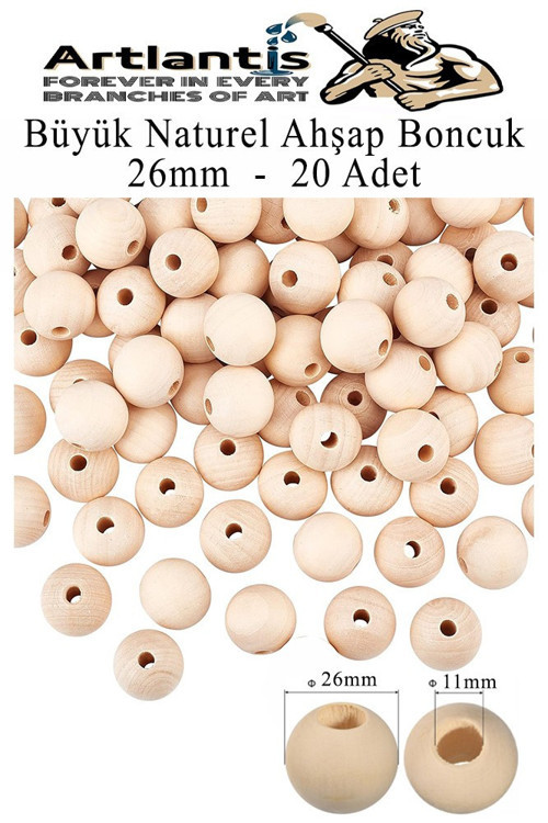 Naturel Ahşap Boncuk 26mm 20 li 1 Paket Ham Boyanabilir Ahşap Yuvarlak Doğal Boncuklar Takı Tasarım Ektinlik Kreş Okul