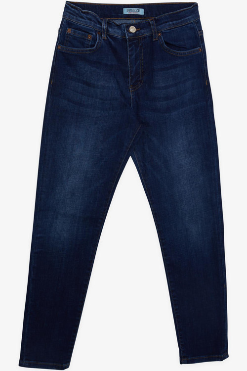 Erkek Çocuk Jean Pantolon Taşlanmış Cepli Düğmeli 9-14 Yaş, Mavi