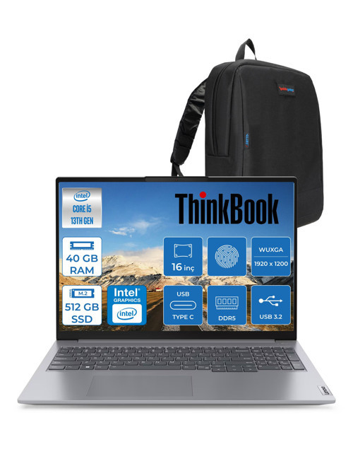 Thinkbook 16 G6 Irl Intel Core I5 13420H 40GB Ddr5 512GB SSD 16" Wuxga 300NITS IPS Freedos Taşınabilir Bilgisayar 21KH00SXTRF13 + Zetta Çanta