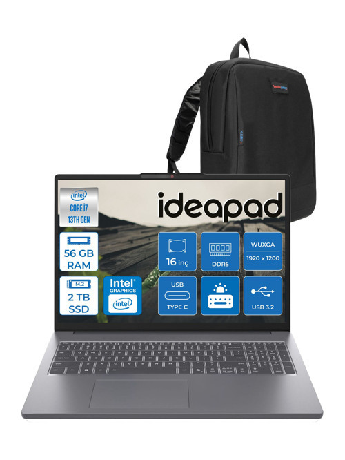 Ideapad Slim 3 16IRH10 Intel Core I7 13620H 56GB 1tb SSD + 1tb SSD Freedos 16" Wuxga (1920X1200) IPS 300NITS Taşınabilir Bilgisayar 83K2001VTRF12 + Zetta Çanta